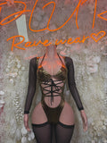 Black lace-up cutout bodysuit with sheer sleeves and front corset lacing, high-cut legs