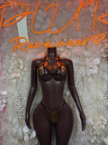 Black mesh cutout bodysuit with bra-style top and thong bikini bottom