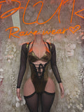 Black sheer long-sleeve bodysuit with metallic gold bra top and lace-up front cutouts