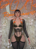 Bronze metallic triangle-bra lace-up bodysuit with sheer black long sleeves