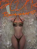 Bronze metallic micro bikini set, halter triangle top with strappy thong bottoms