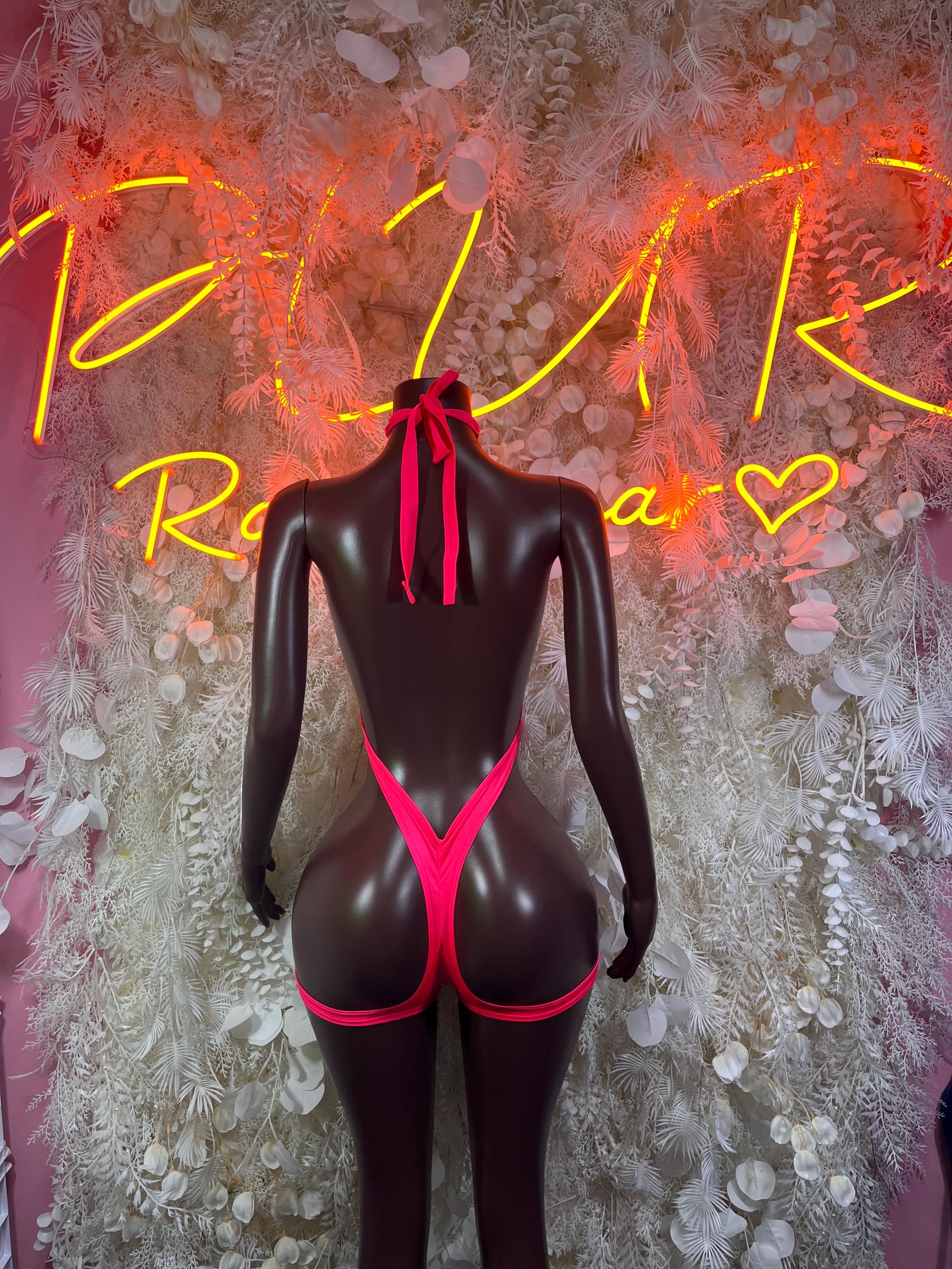 Cutout one-piece bodysuit with halter bow, red and black, deep back and chest cutouts