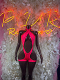 Cutout one-piece bodysuit with halter ties, red and black, teardrop chest cutouts