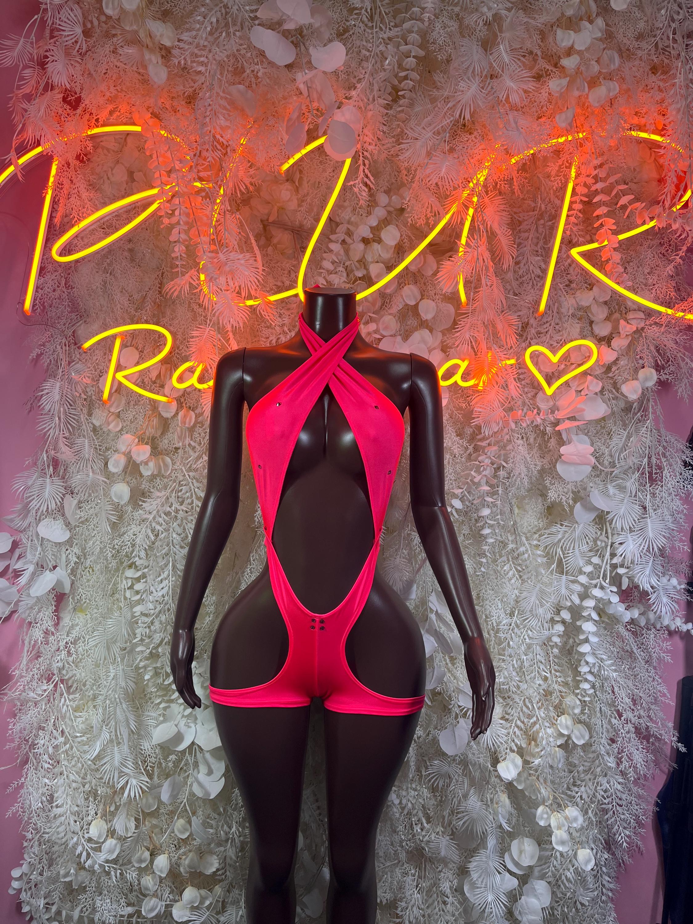 Cutout one-piece bodysuit with halter ties, red and black, teardrop chest cutouts