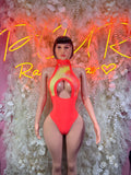 Neon orange one-piece bodysuit with high neck and chest cutout