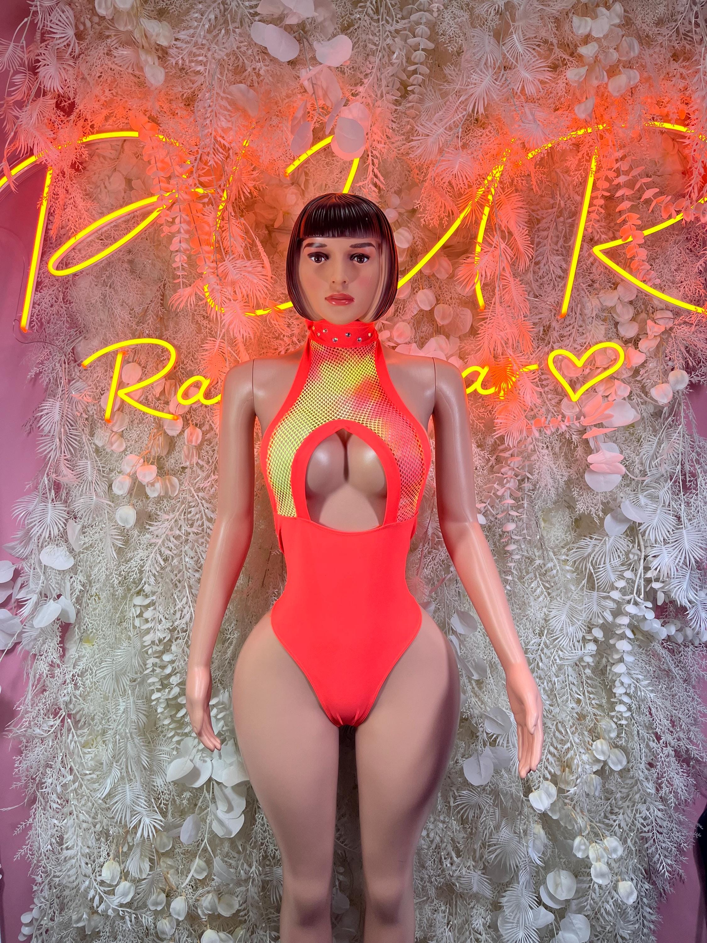 Neon orange one-piece bodysuit with high neck and chest cutout