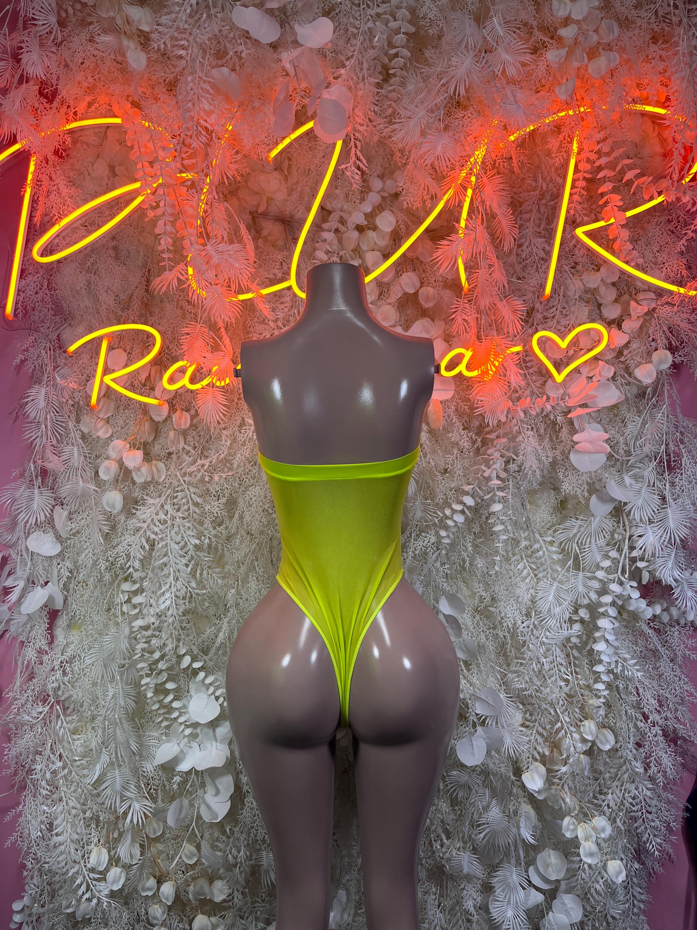Neon green one-piece bodysuit with scoop back and high-cut leg