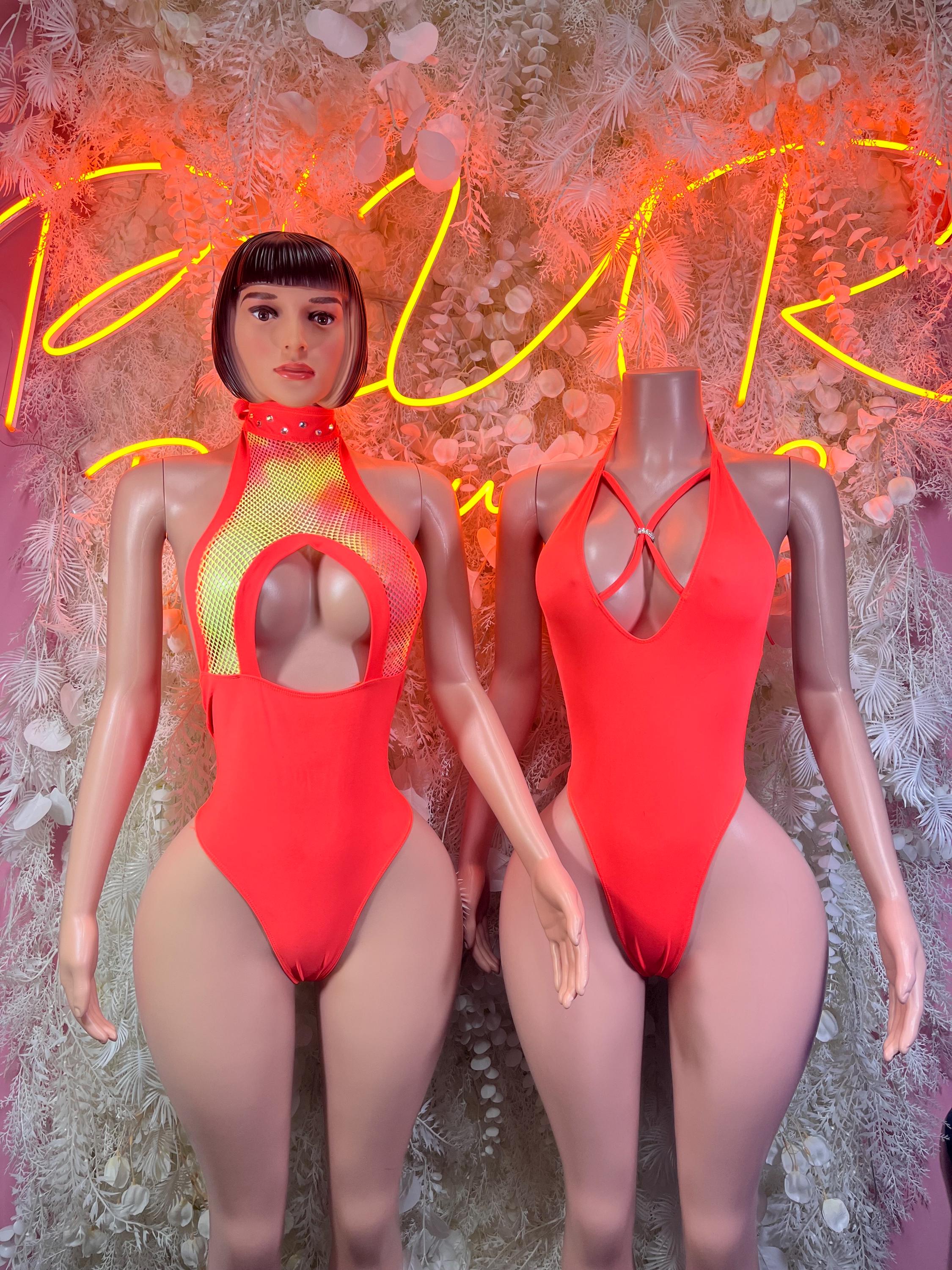 Neon orange one-piece bodysuit shown front and back on mannequins