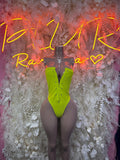 Neon green one-piece bodysuit with deep V front and high-cut leg