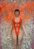 Orange lace-up one-piece bodysuit with low scoop back and halter straps