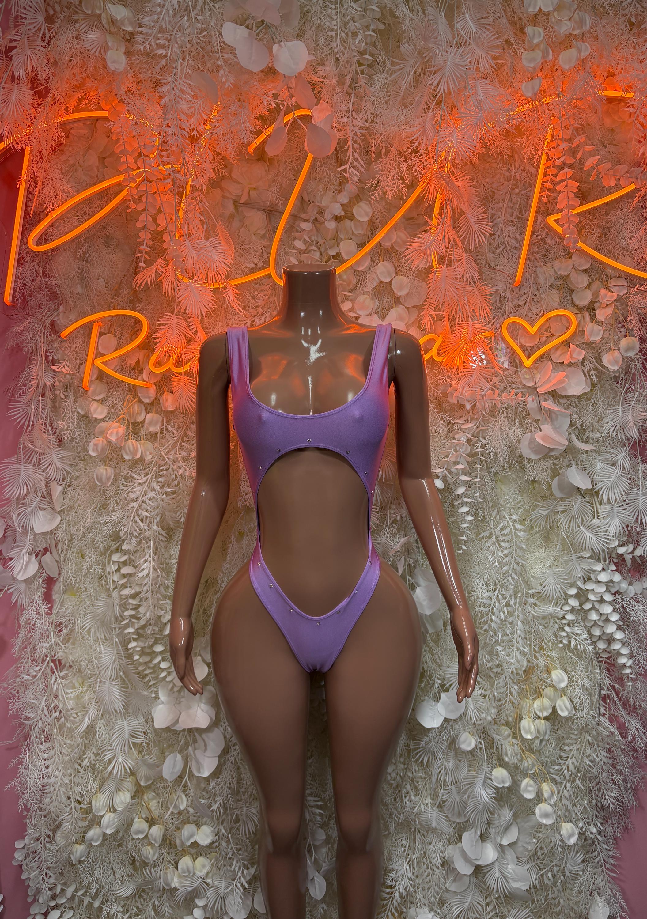 Lilac one-piece bodysuit with thin straps and scoop front
