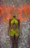 Neon green halter one-piece with cutout straps and V-neck front
