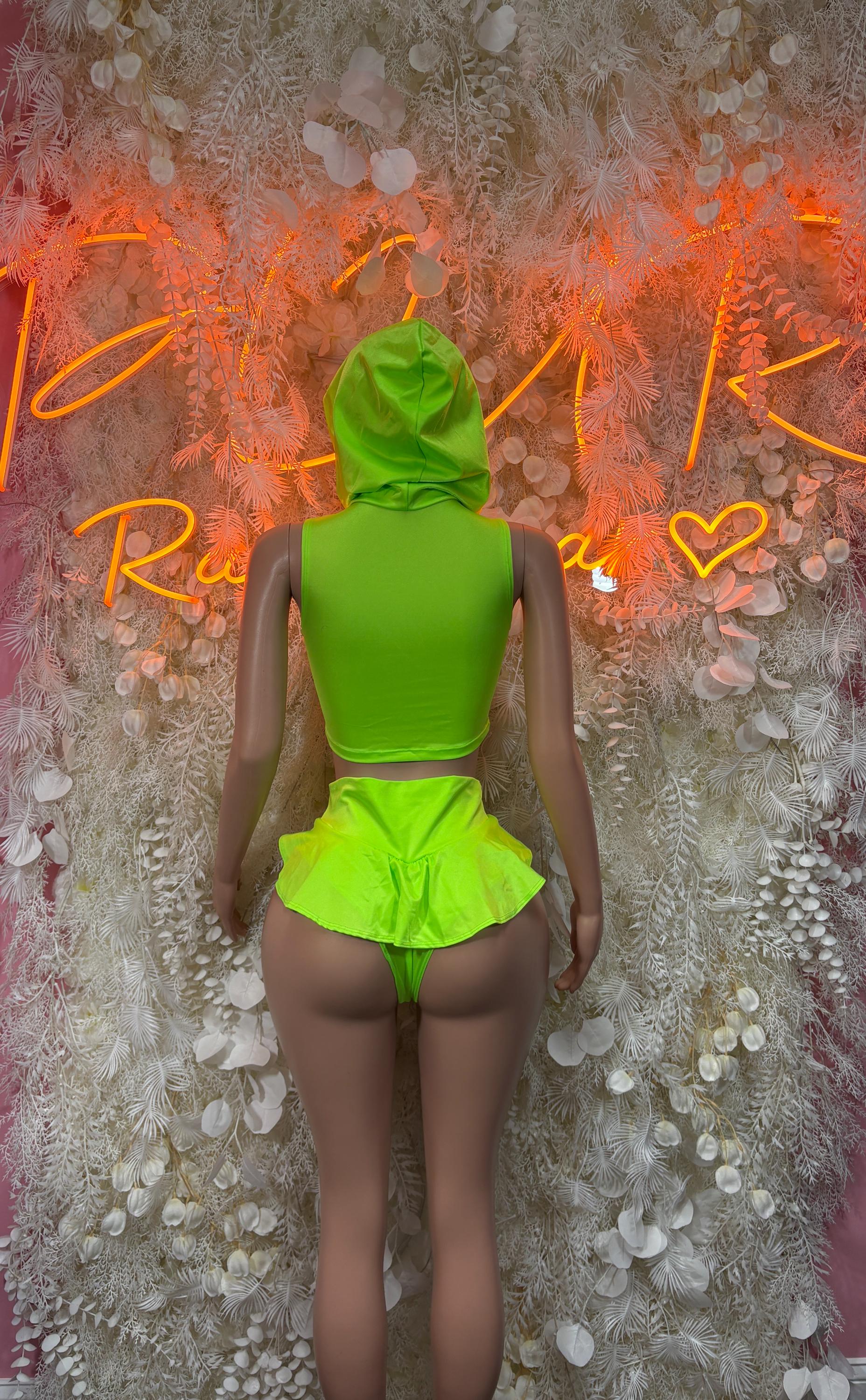 Neon green hooded two-piece rave outfit, sleeveless crop top and ruffled high-cut bottoms
