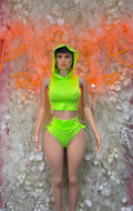 Neon green hooded two-piece rave outfit, sleeveless crop top and high-cut bottoms