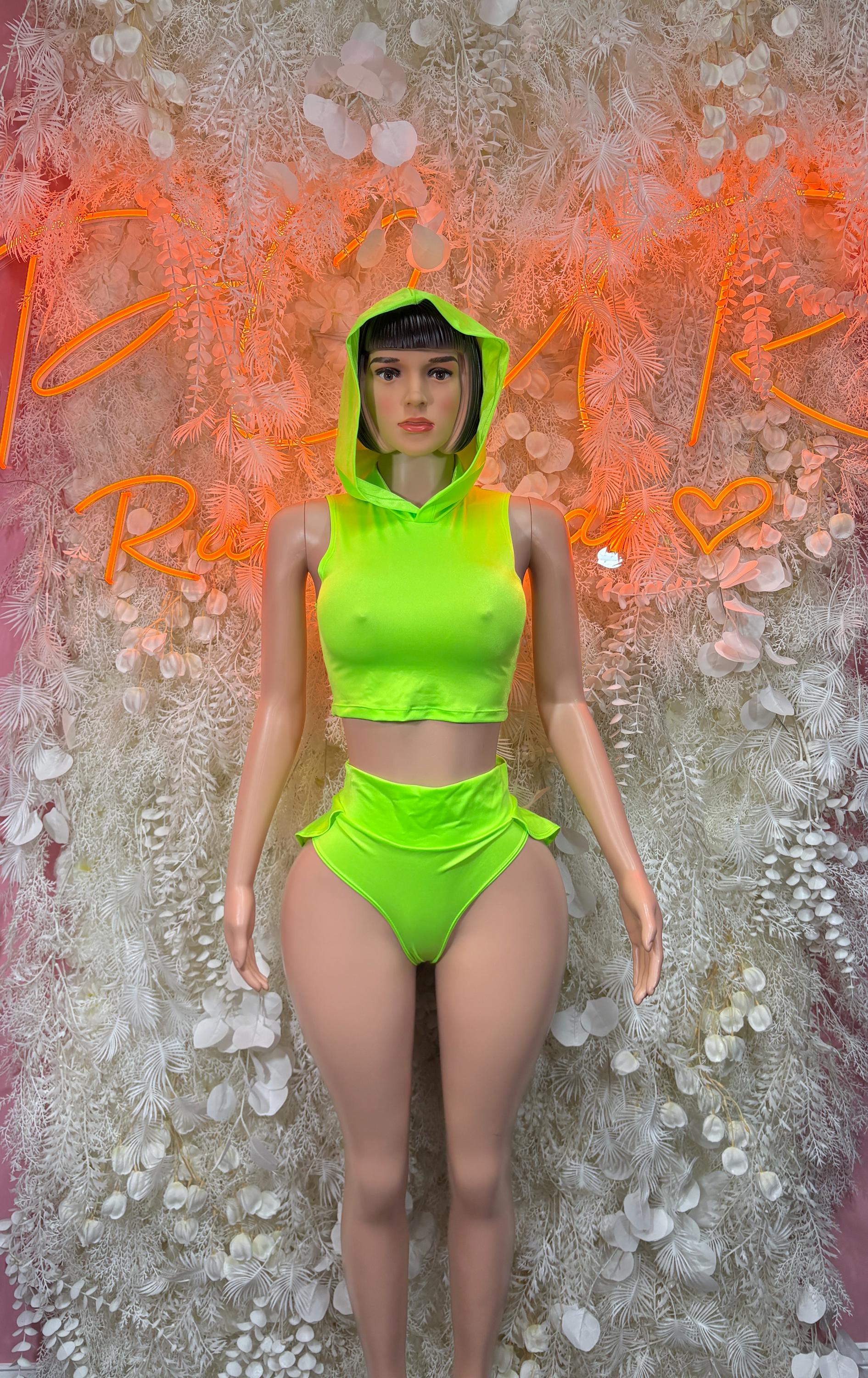 Neon green hooded two-piece rave outfit, sleeveless crop top and high-cut bottoms