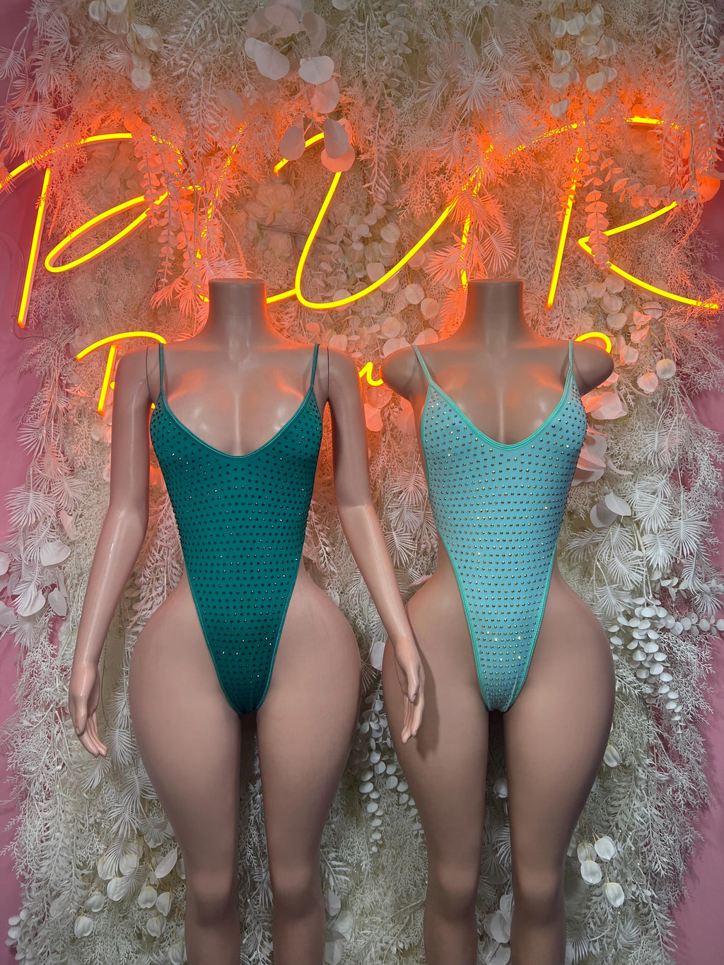 Green mesh one-piece bodysuit, sleeveless scoop front and high-cut leg