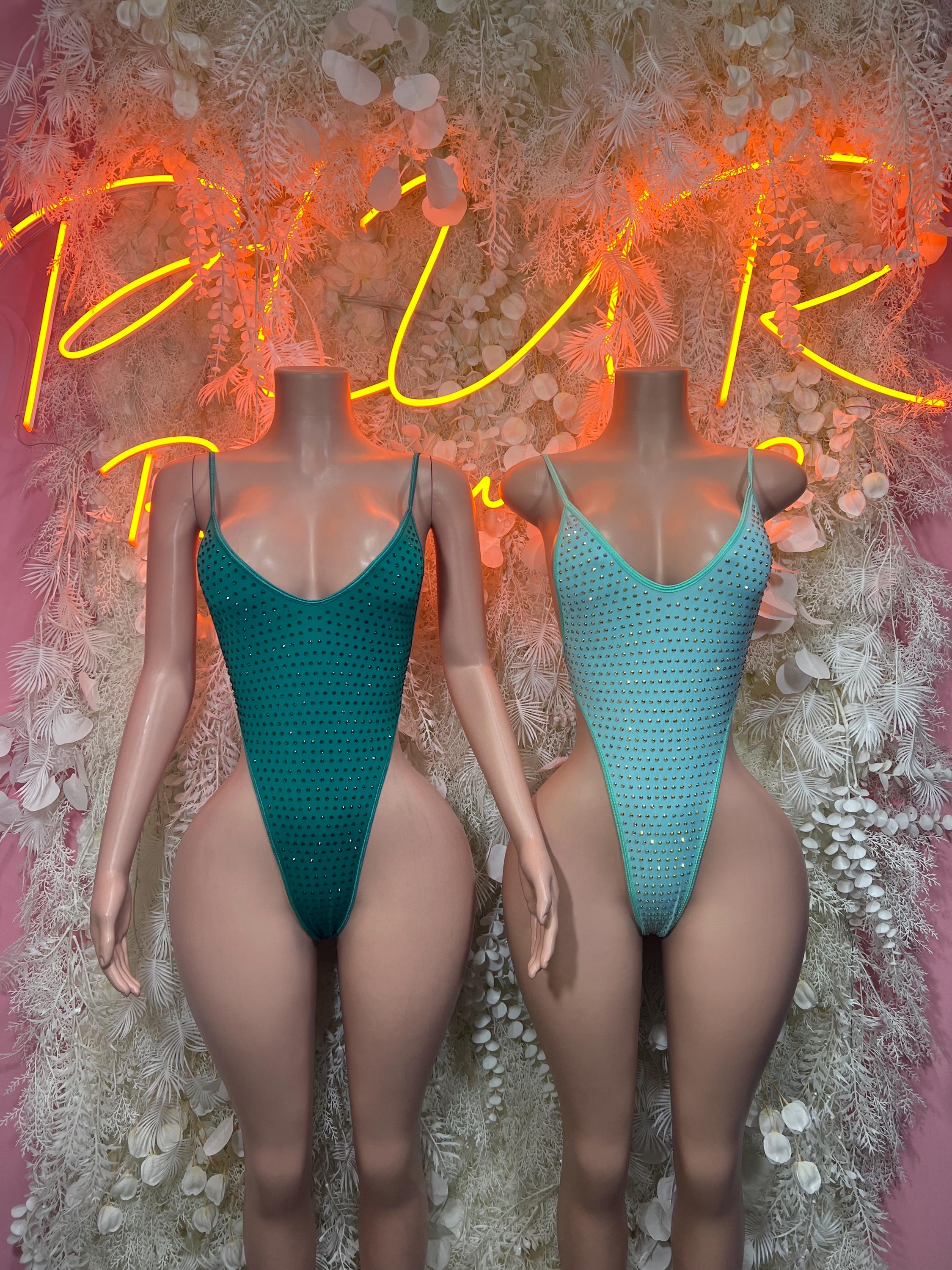 Green mesh one-piece bodysuit, sleeveless scoop front and high-cut leg