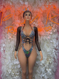 Black one-piece bodysuit with long sleeves, metallic cheetah print and front crisscross lacing