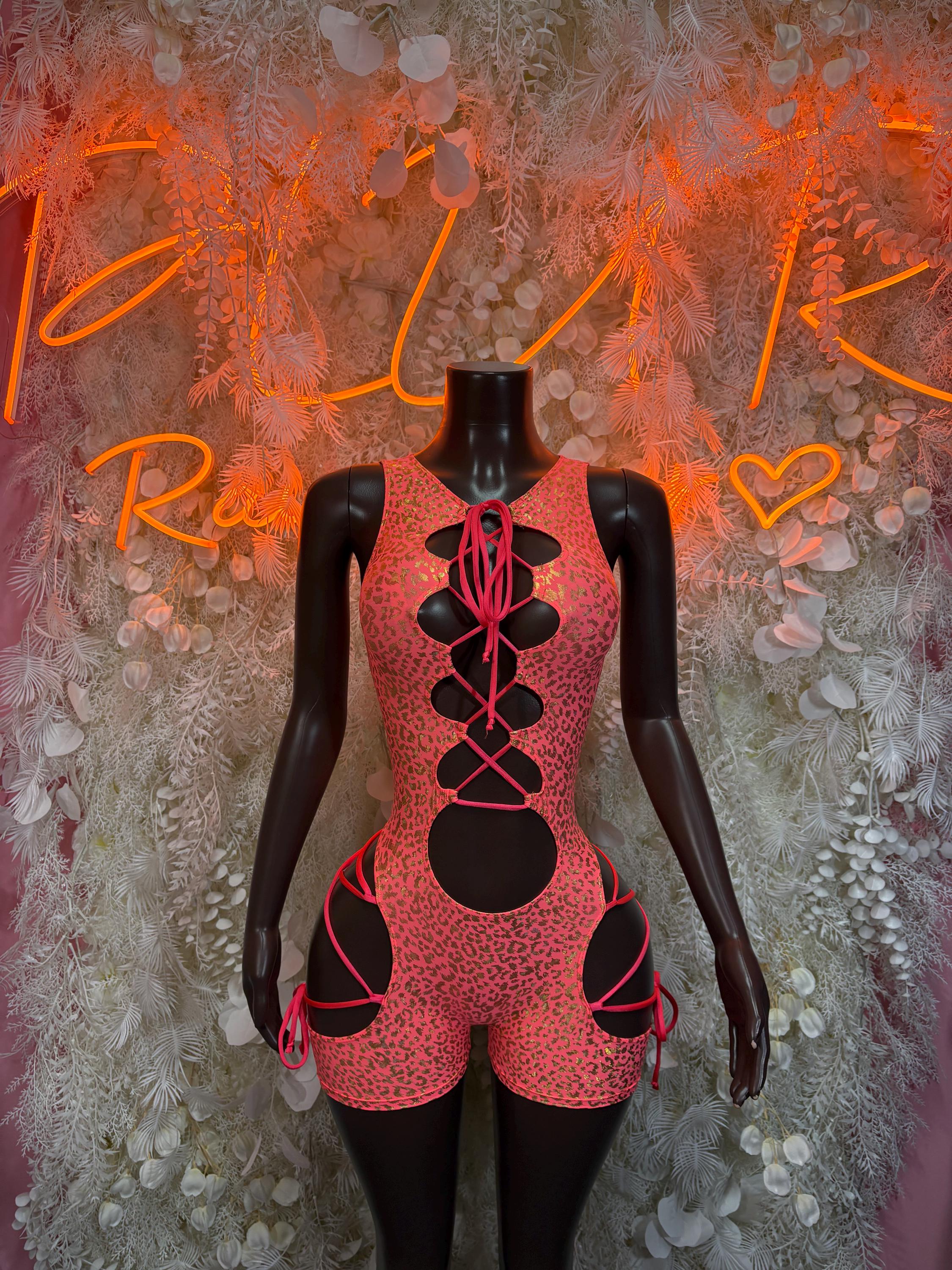 Coral cheetah-print lace-up bodysuit with cutout front and side ties