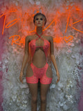 Coral cheetah-print lace-up back bodysuit with halter neckline and high-cut legs