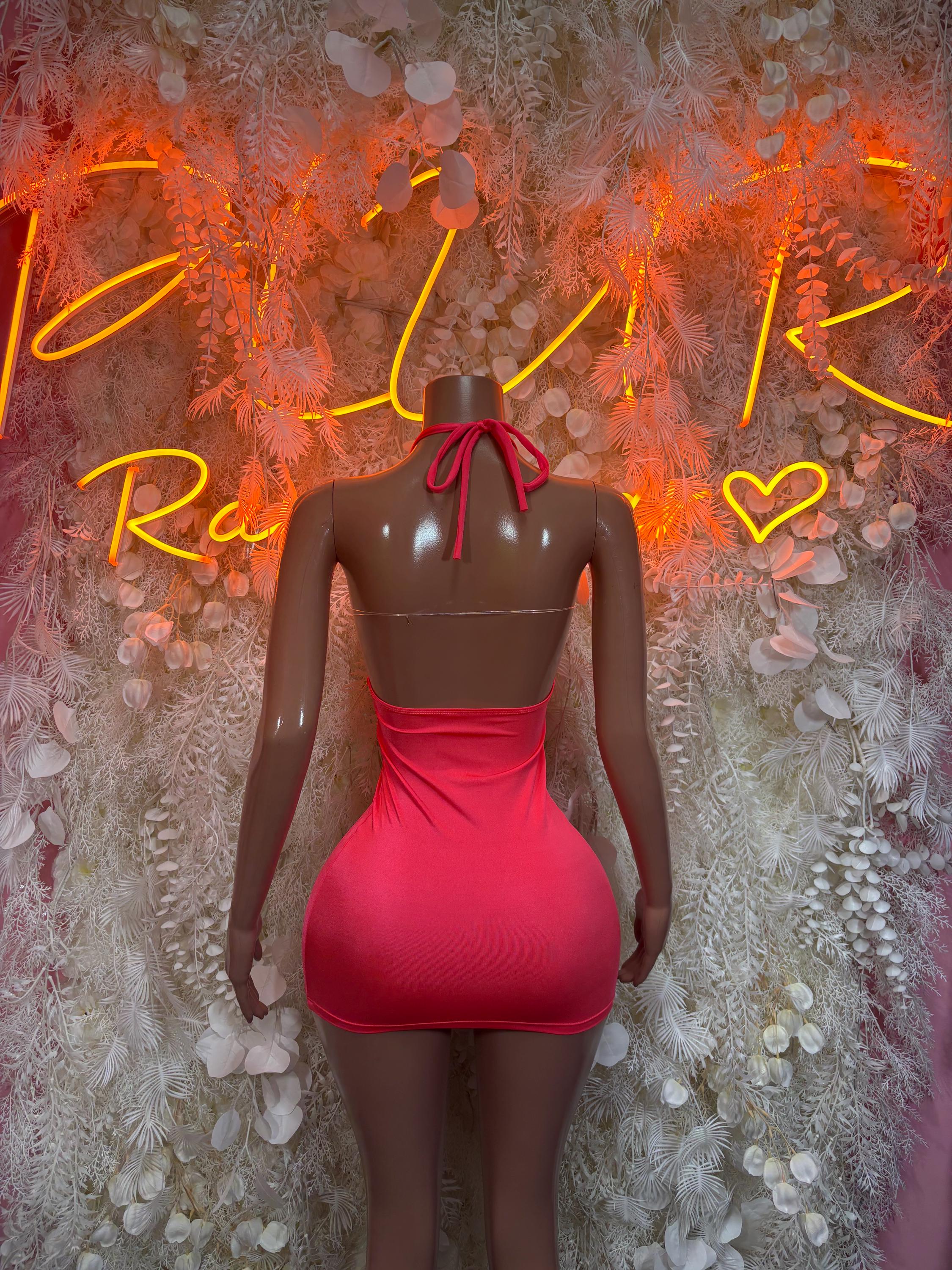 Back-tie halter mini dress with plunging back and ruched fitted coral-pink