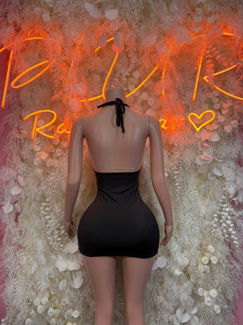 Black mini dress back view with crisscross lace-up spaghetti straps
