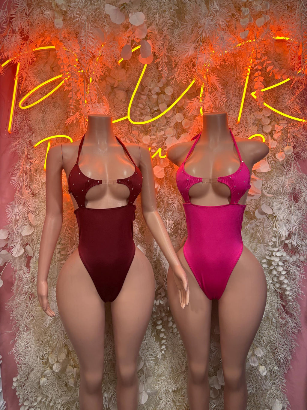 Rave bodysuit set: burgundy and hot pink sleeveless high-cut designs