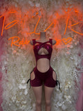 Maroon rave bodysuit with halter neckline and high-leg cutout front