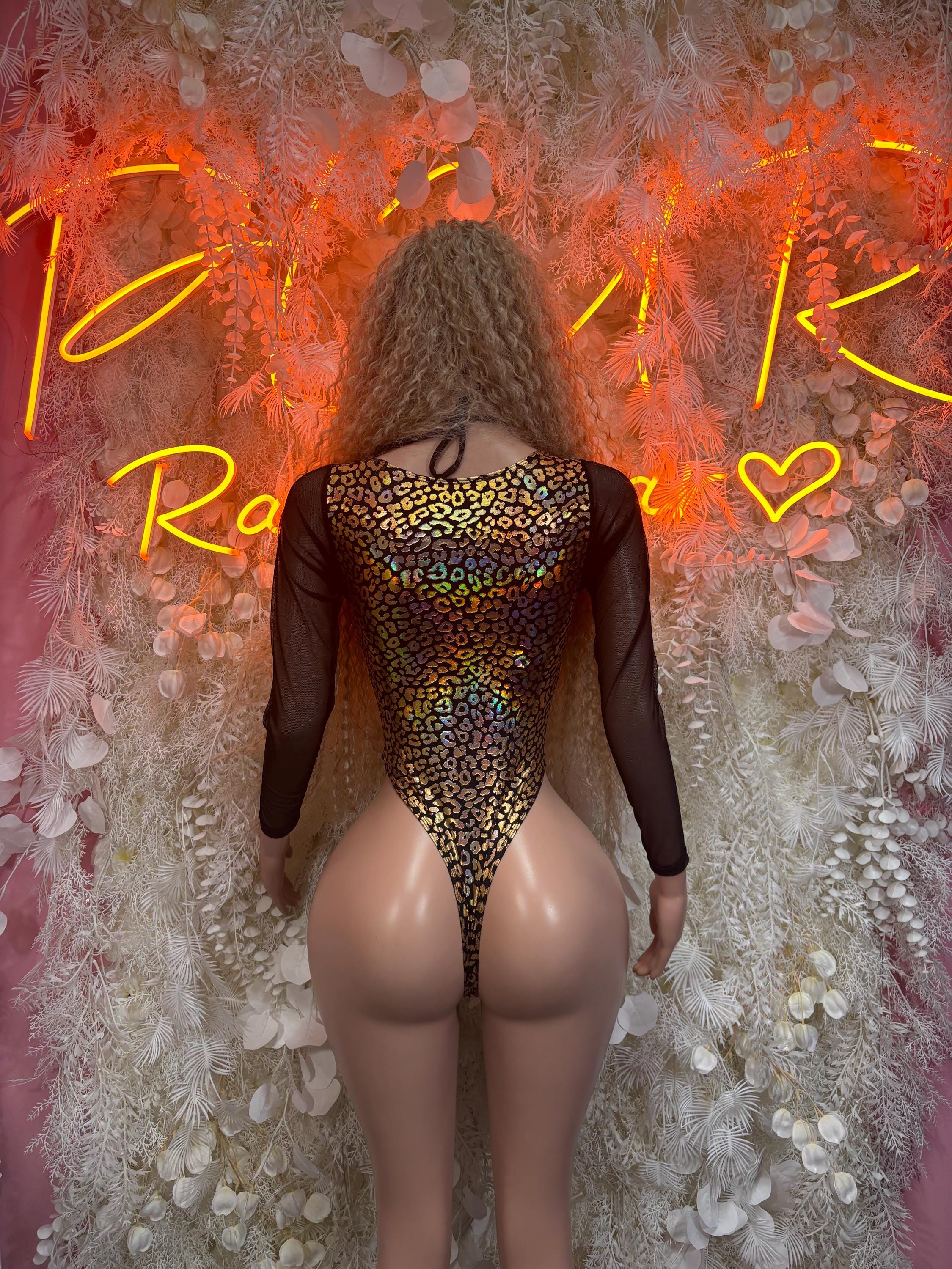Gold cheetah-print thong bodysuit with long sleeves, open back