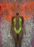 Neon green one-piece rave bodysuit with halter straps and oval chest cutout