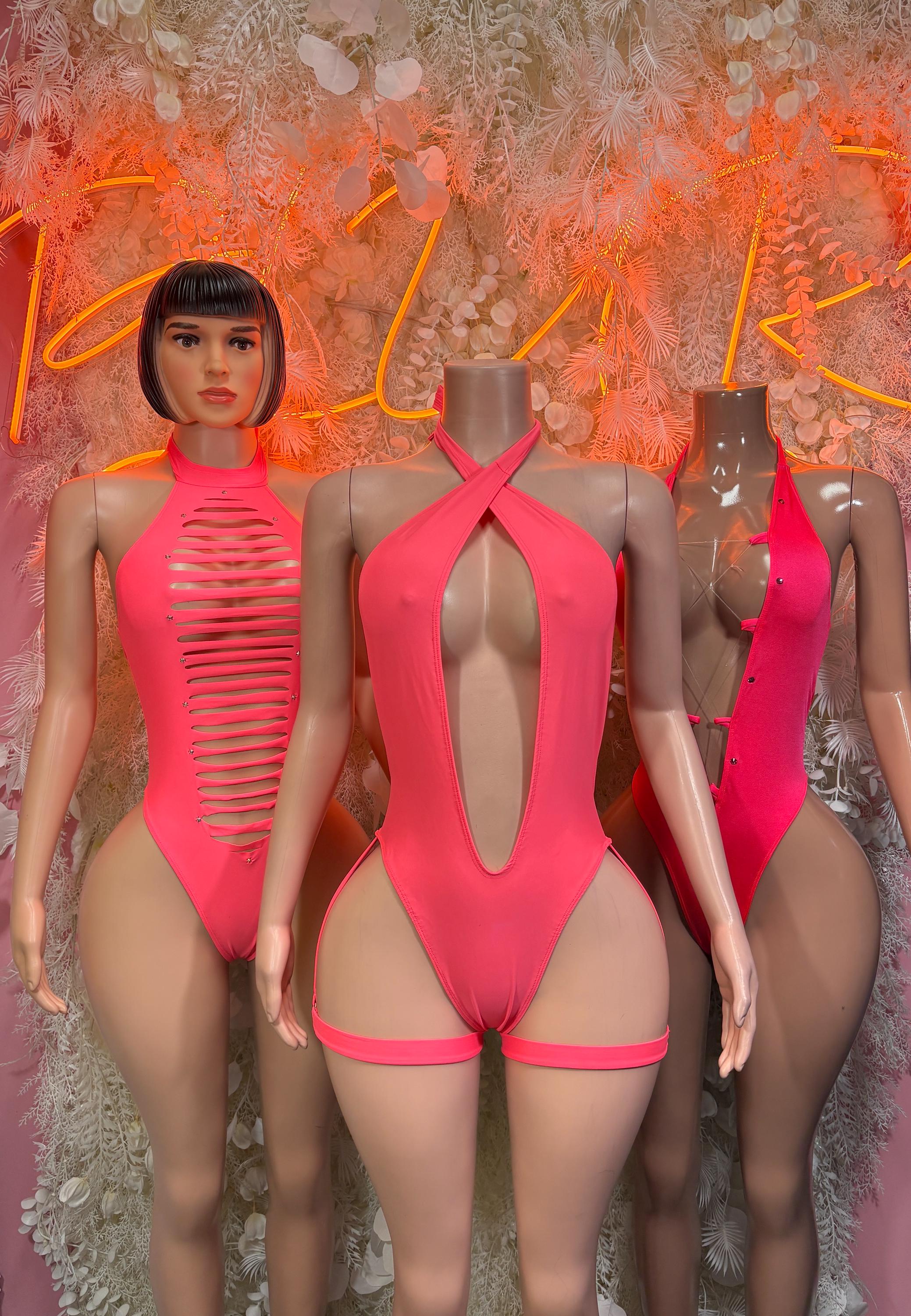 Coral halter bodysuit with cutout chest and open back straps