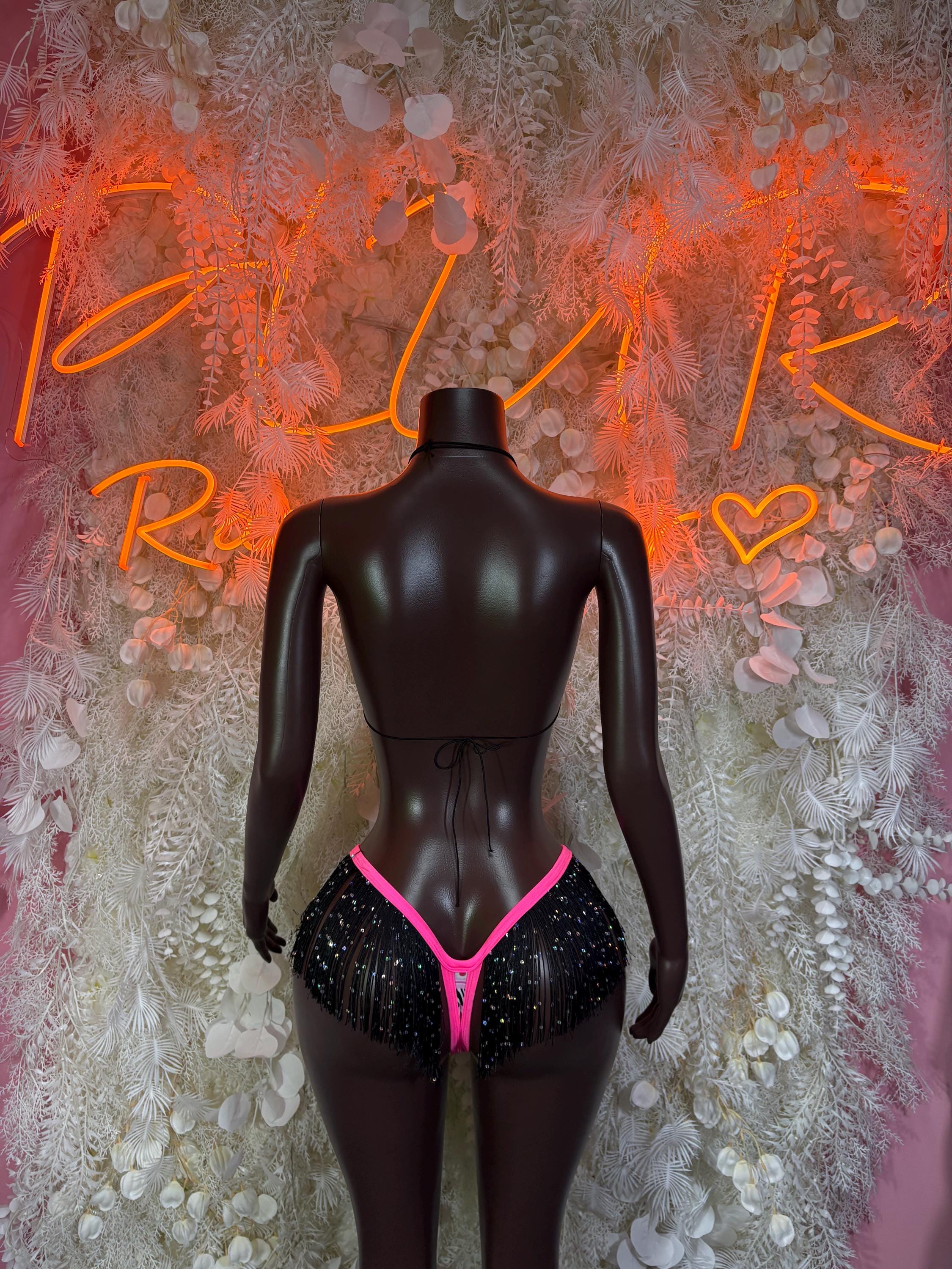 Two-piece rave bikini costume, black with pink V-back and glittery side fringe