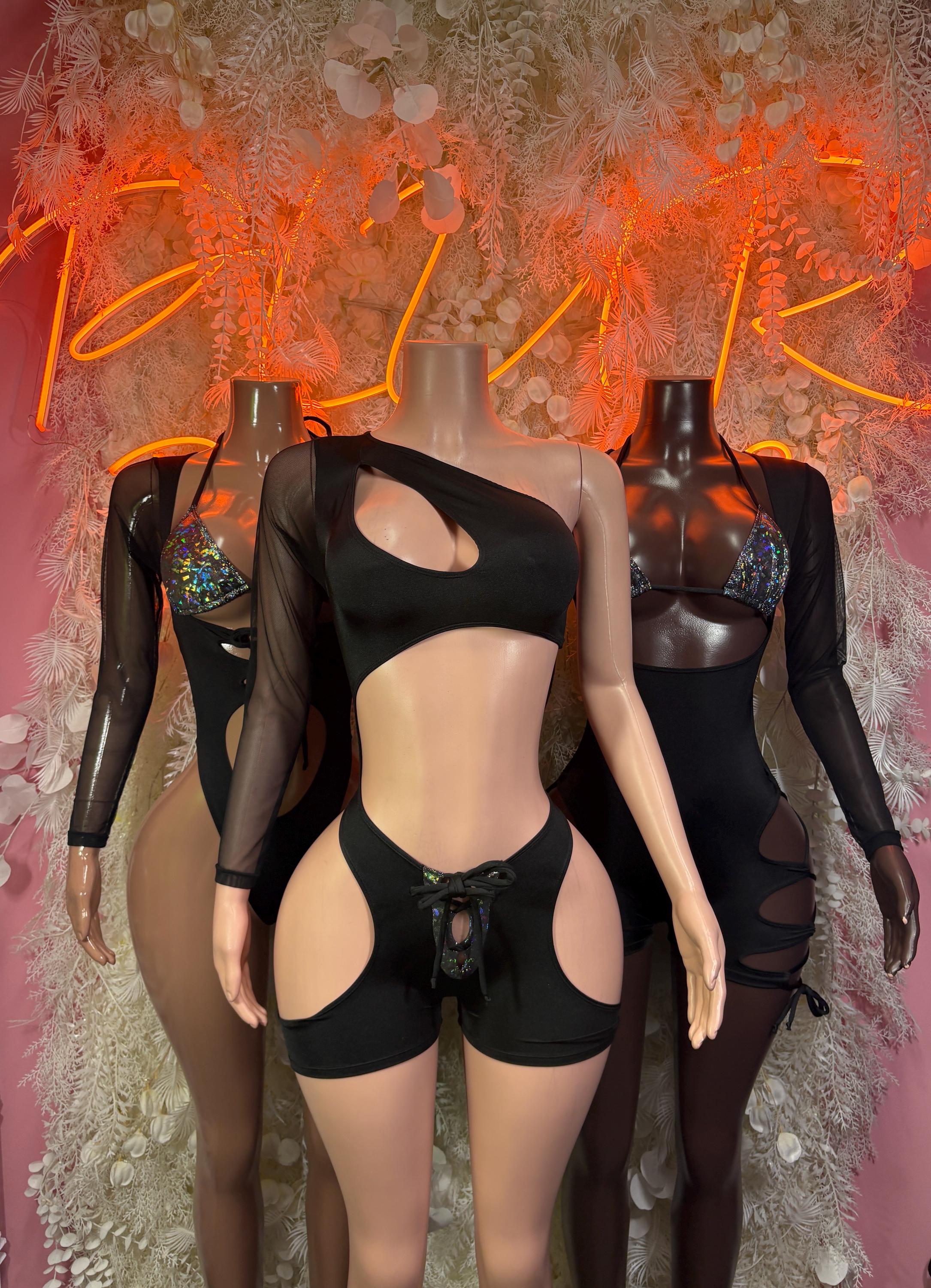 Black sheer mesh bodysuit with front keyhole, circular cutout chest, long sleeves