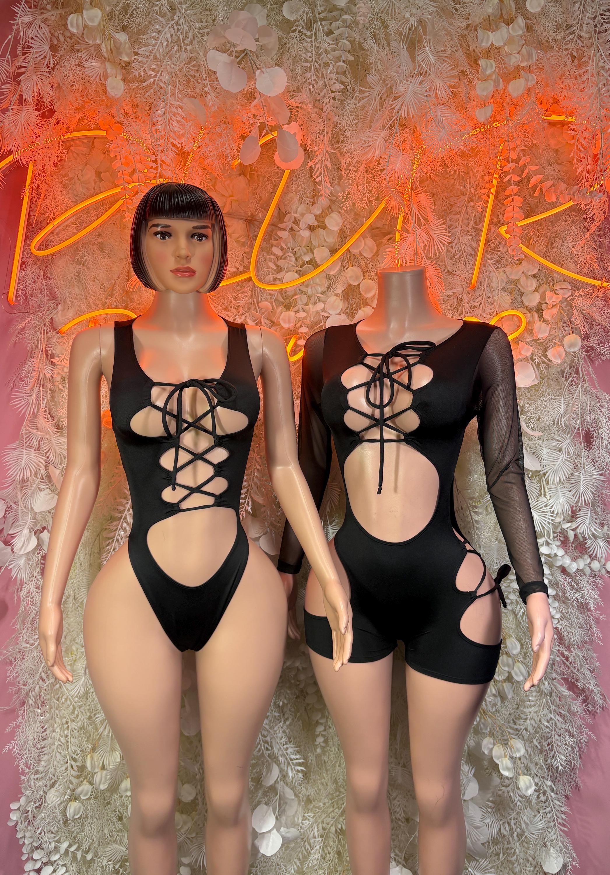 Black lace-up bodysuit with sheer long sleeves, front and back views