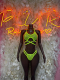 Neon green strappy rave bikini with black sheer cups and crisscross front straps