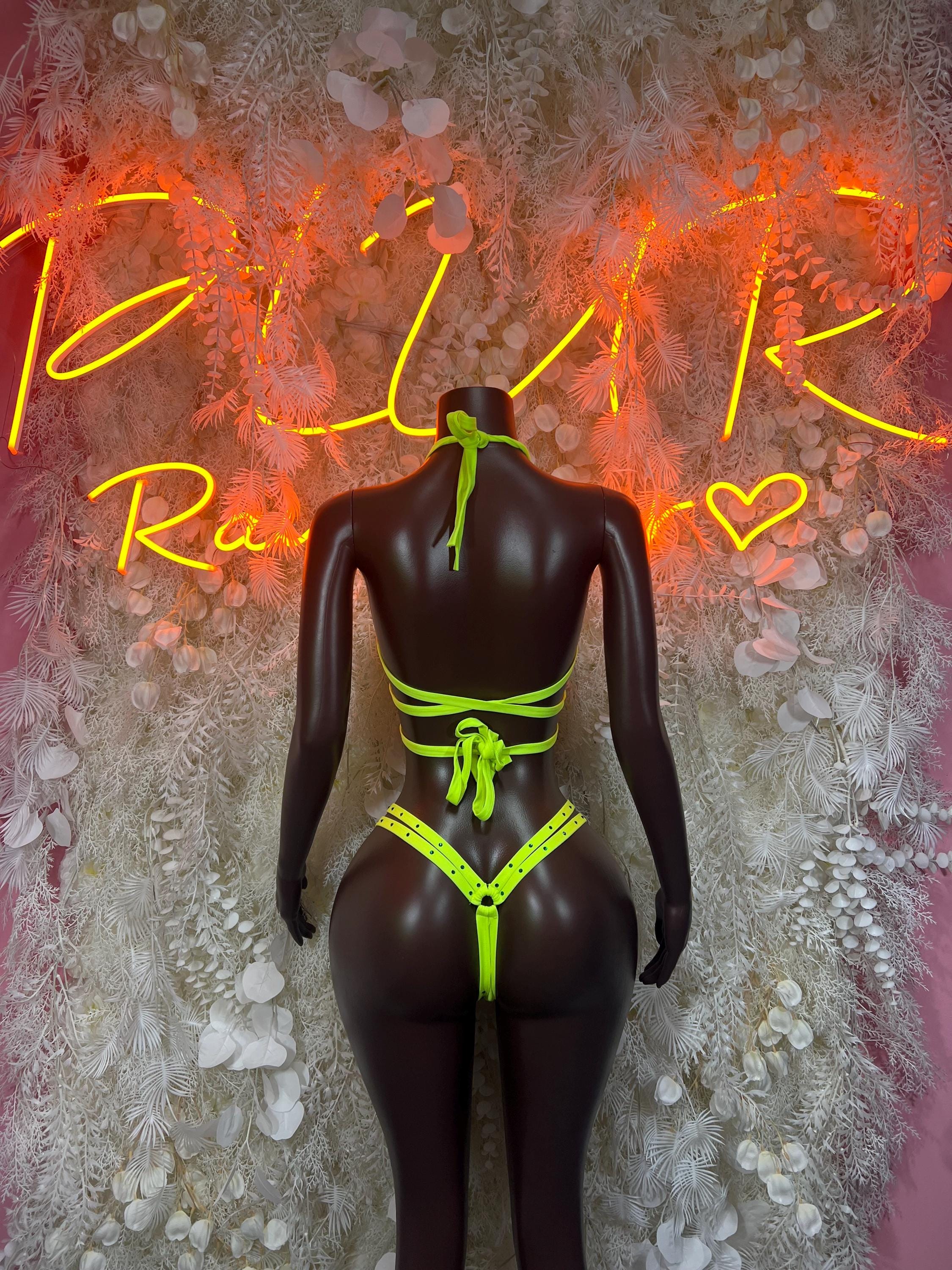 Neon green strappy rave bikini back with waist tie and crisscross straps