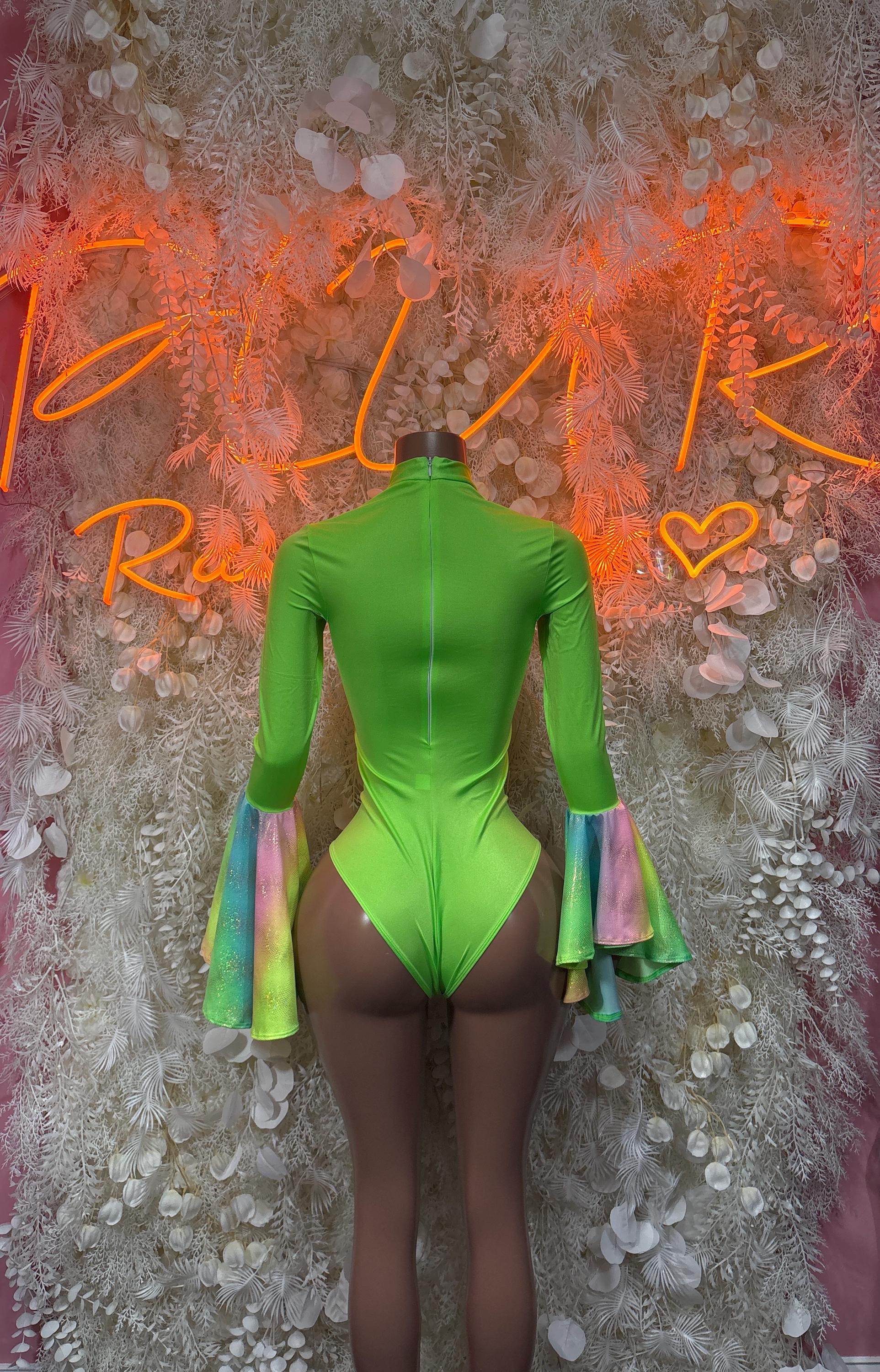 Green one-piece bodysuit back view with flared sleeves and iridescent rainbow cuffs