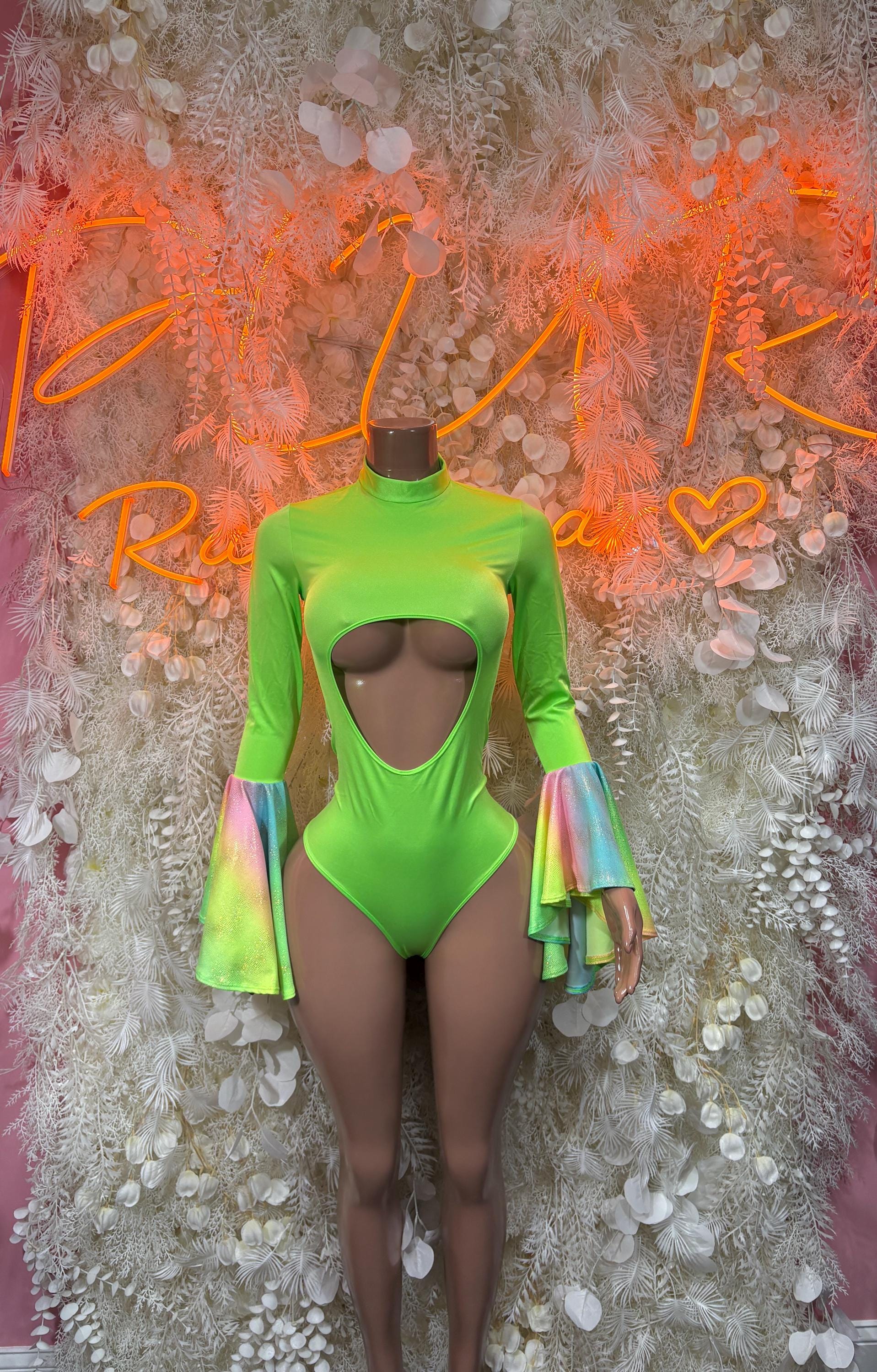 Green one-piece rave bodysuit with cutout chest and flared bell sleeves with iridescent cuffs