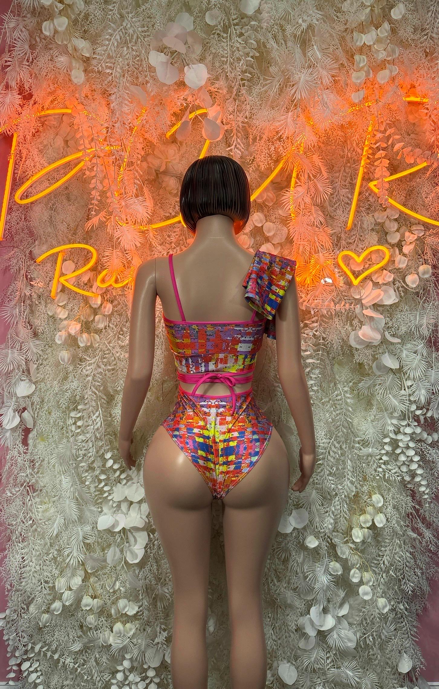 Multicolor rave crop top and high-waist bottom set, back view