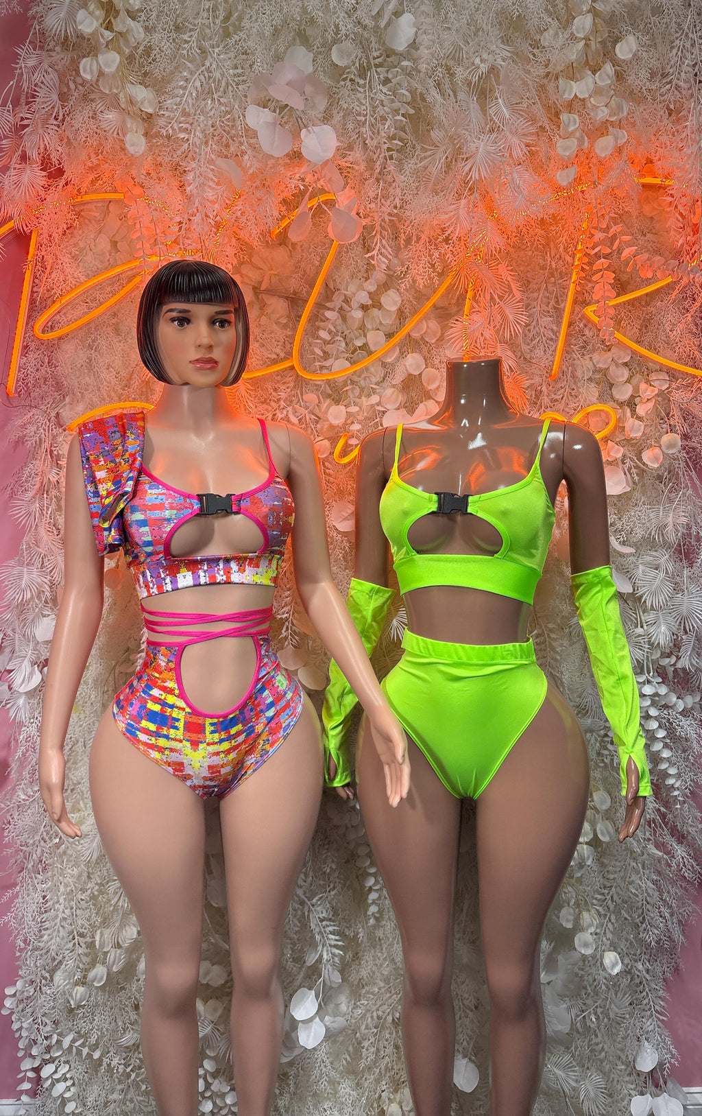 Multicolor and neon green rave crop top and high-waist bottom sets