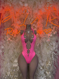 Pink halter bodysuit with cutout front and high-leg one-piece, sheer mesh panels