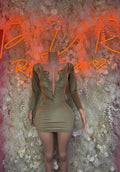 Olive-green long-sleeve mini bodycon dress with V neckline and ruched bust