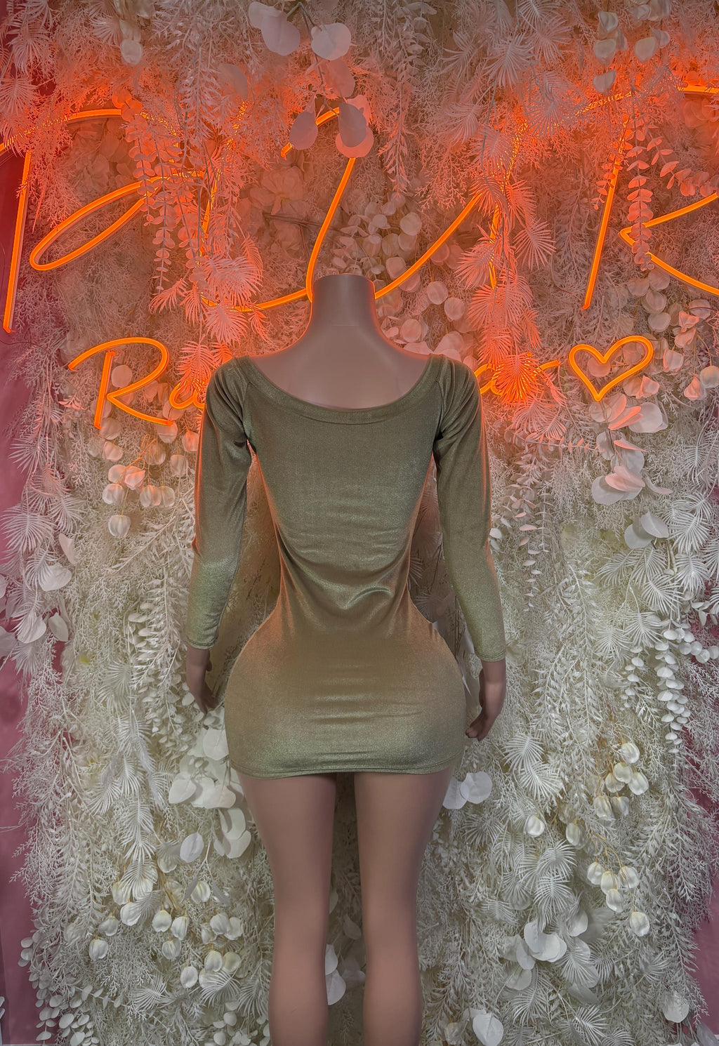 Olive-green long-sleeve mini bodycon dress with V neckline and draped waist