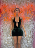 Dark green halter mini dress with deep V neckline and chest cutout