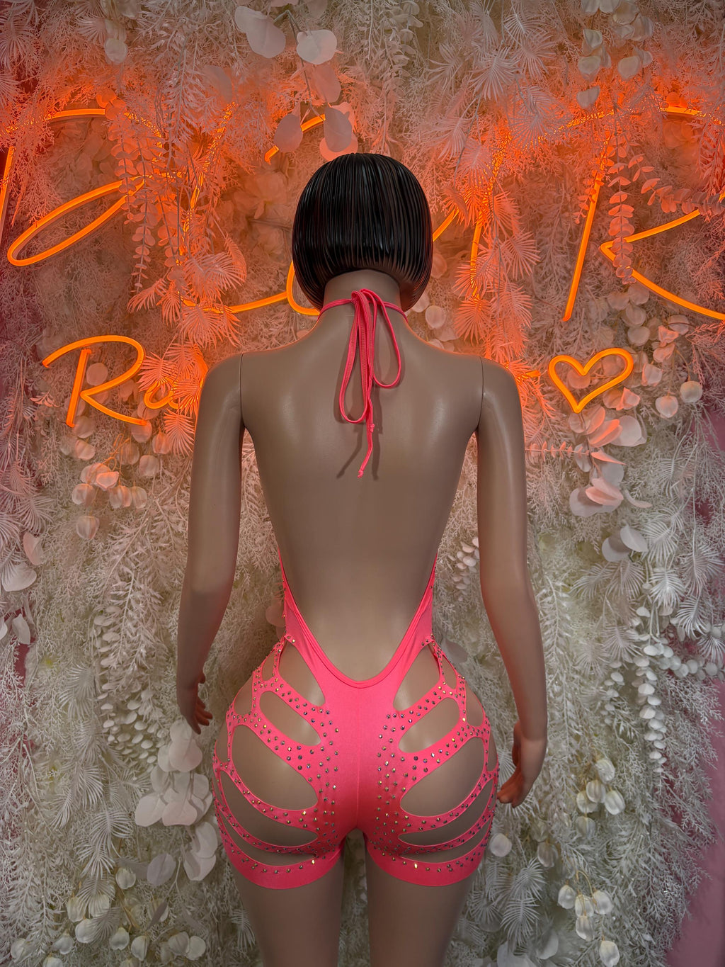 Coral rhinestone cutout bodysuit with tied open back and side cutouts