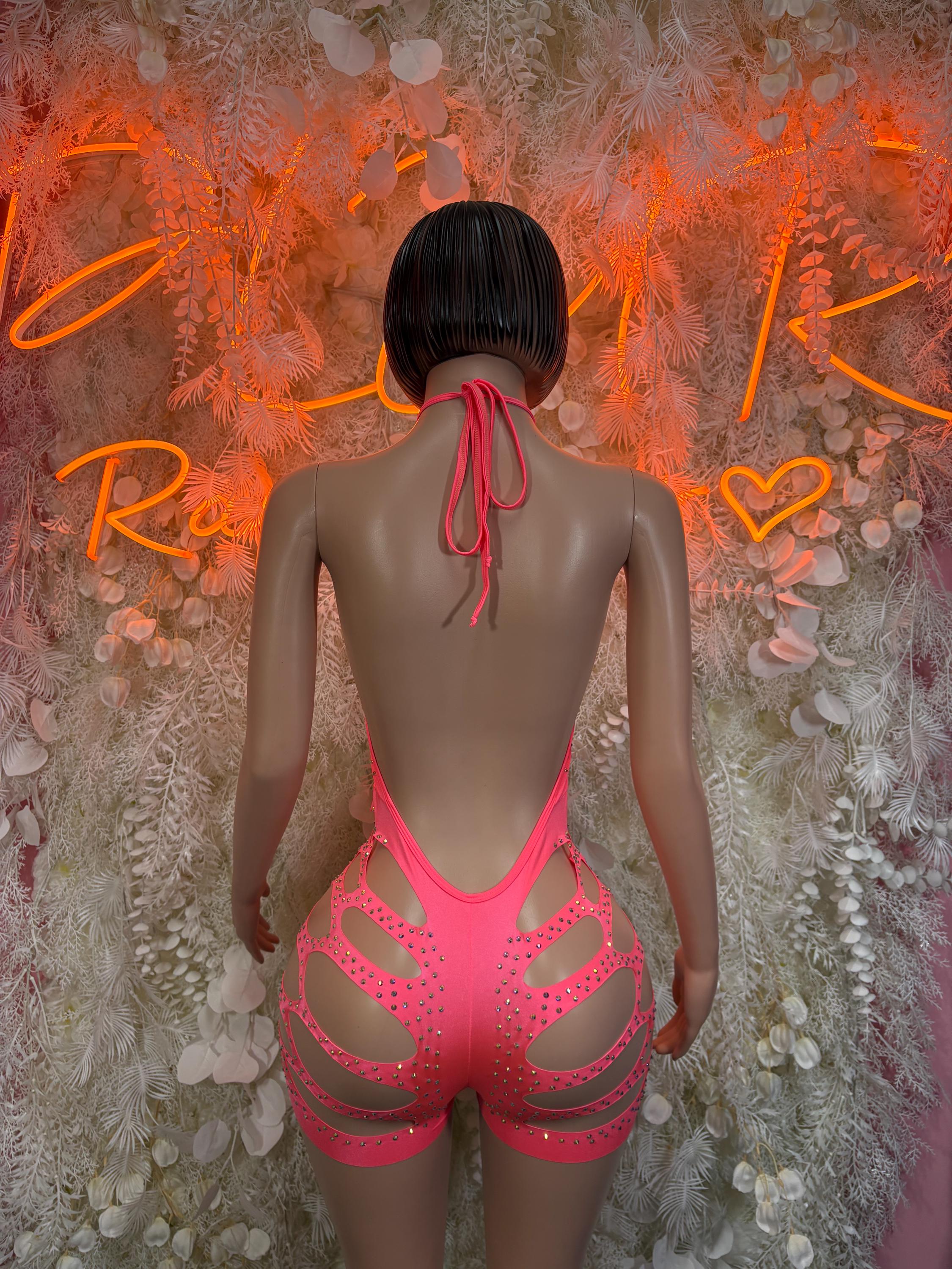 Coral rhinestone cutout bodysuit with tied open back and side cutouts