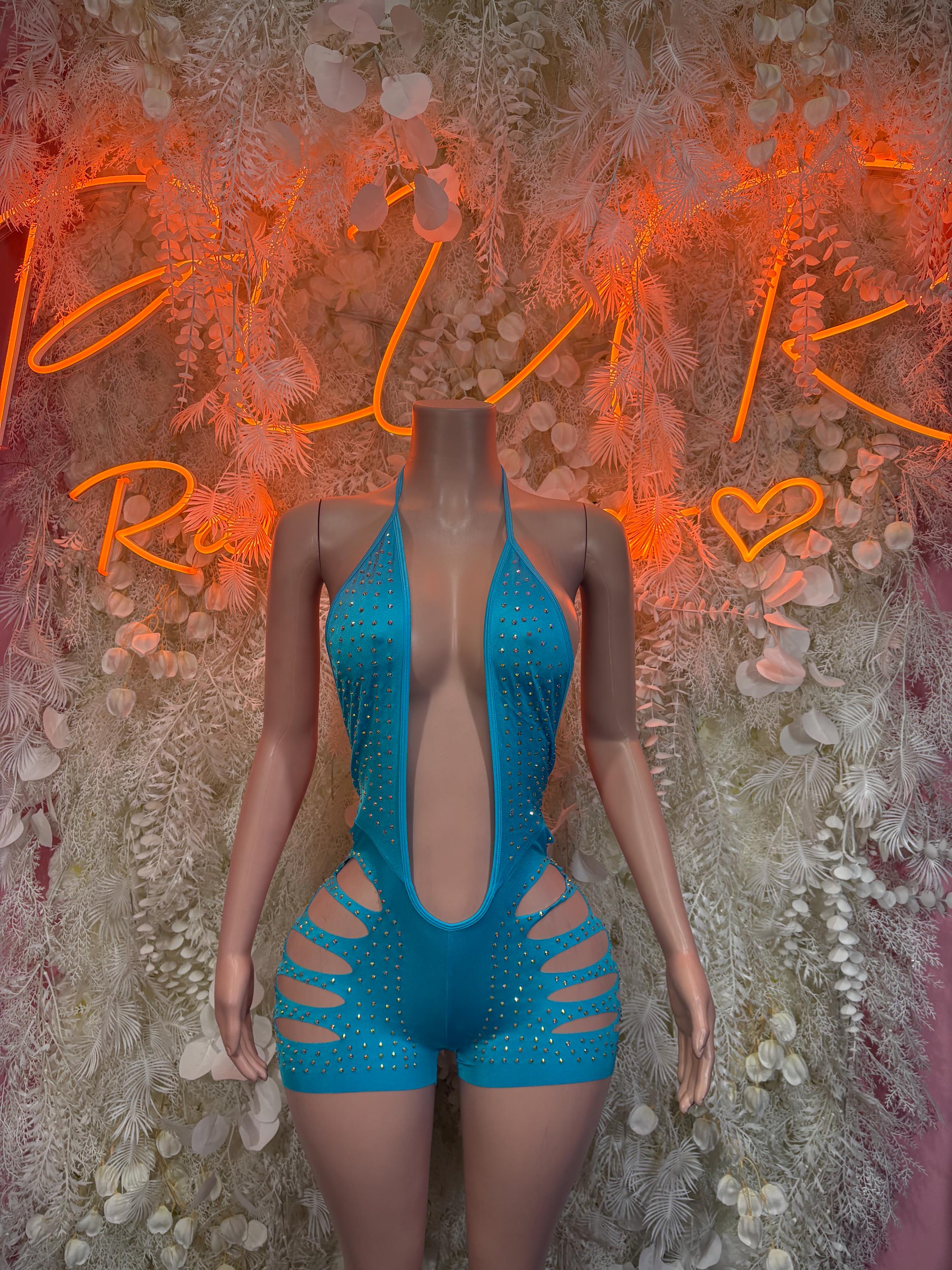 Blue rhinestone one-piece bodysuit with halter straps and cutout front