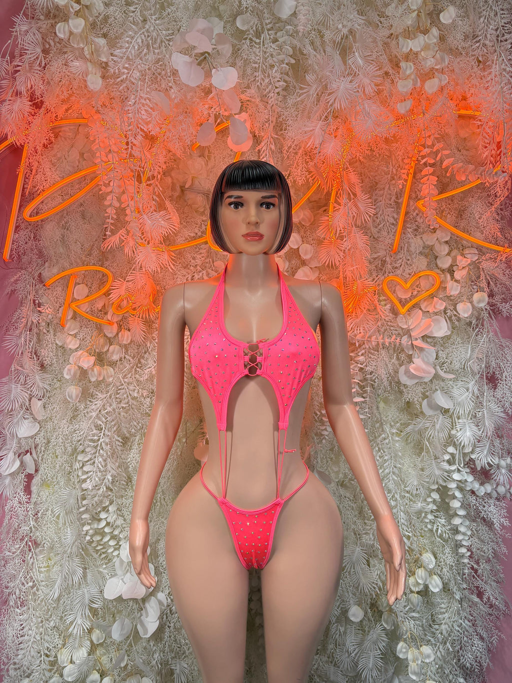 Coral rhinestone cutout one-piece bodysuit with front plunging neckline and straps