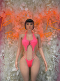 Coral rhinestone cutout one-piece bodysuit with front plunging neckline and straps