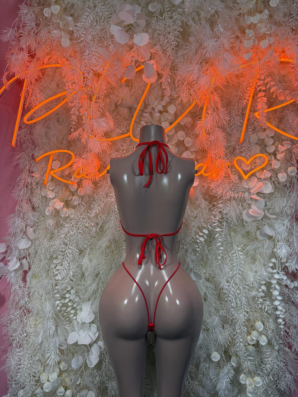 Red rhinestone one-piece festival bodysuit with back tie strings and thong front